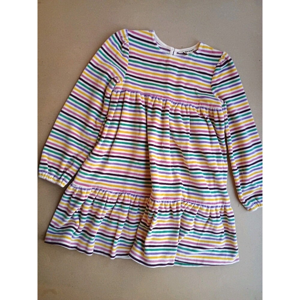 Mini Boden Rainbow Tiered Velour Dress Girls Sz 7-8 Years Stripes